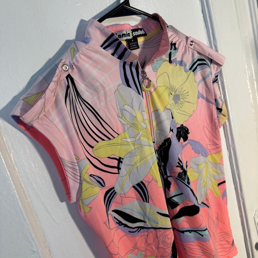 Jamie Sadock Pink Floral Quarter Zip Golf Polo Sleeveless Top M Neon Retro Y2K - Picture 4 of 6